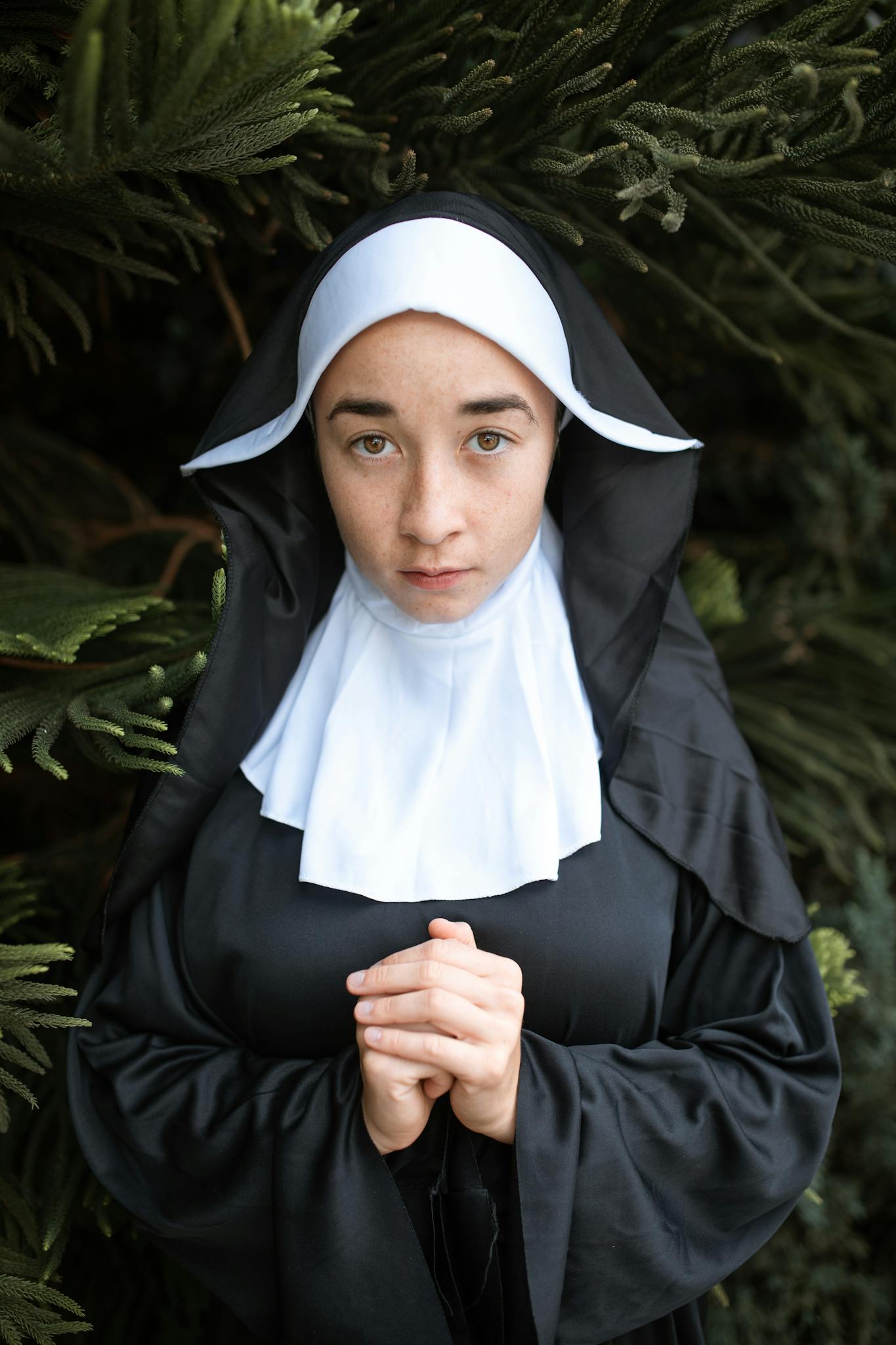 A serene portrait of a nun wearing a traditional habit, symbolizing faith and devotion.